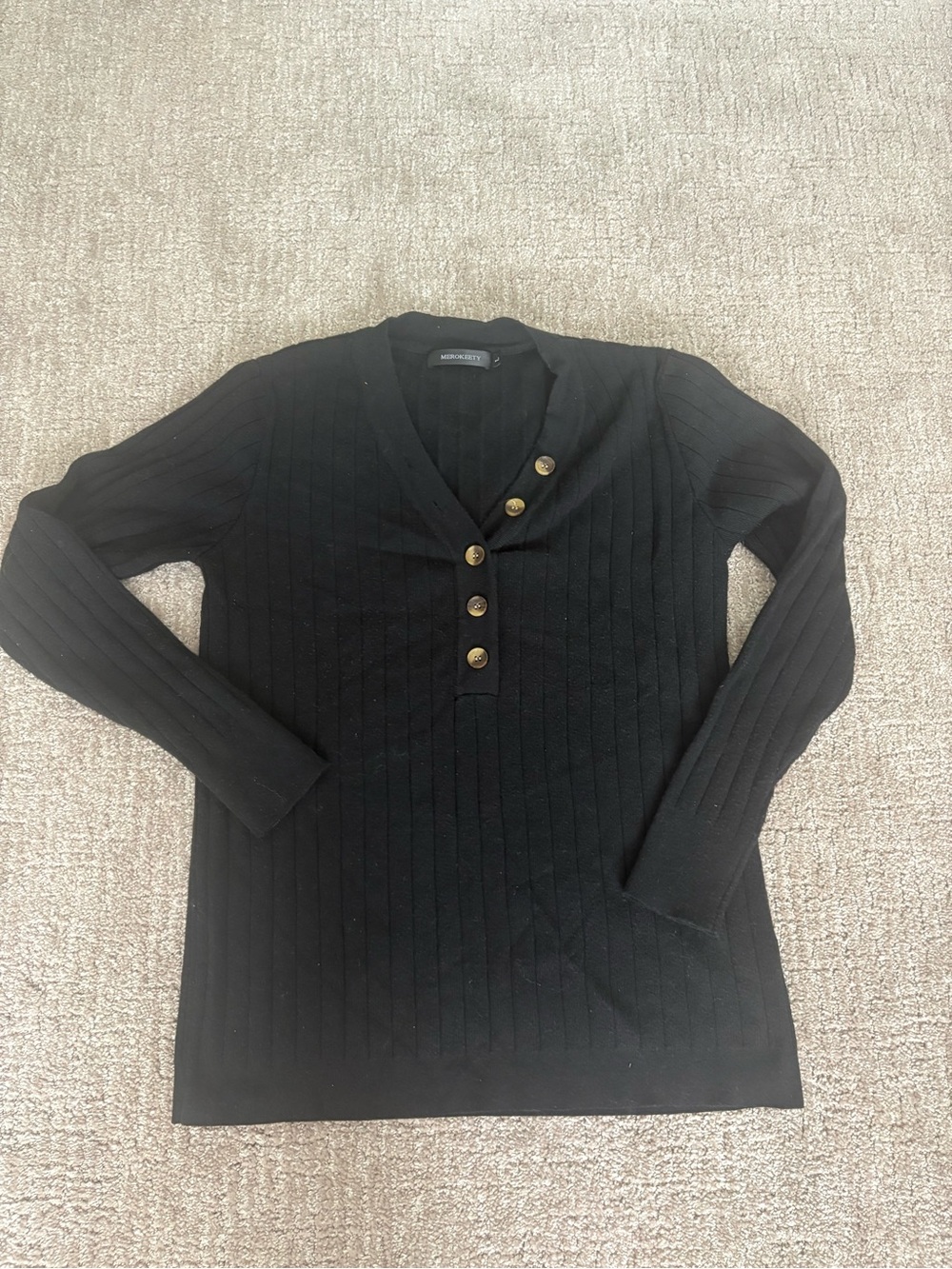 Black Ribbed Henley Sweater with Button Placket